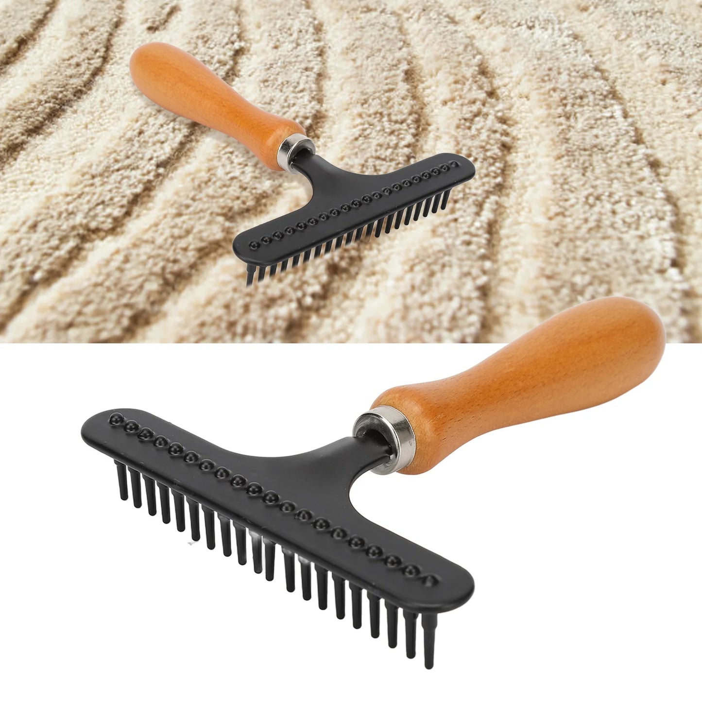 Handheld Pet Deshedding Brush — Wooden Handle Detangling Grooming Rake for Cats & Dogs