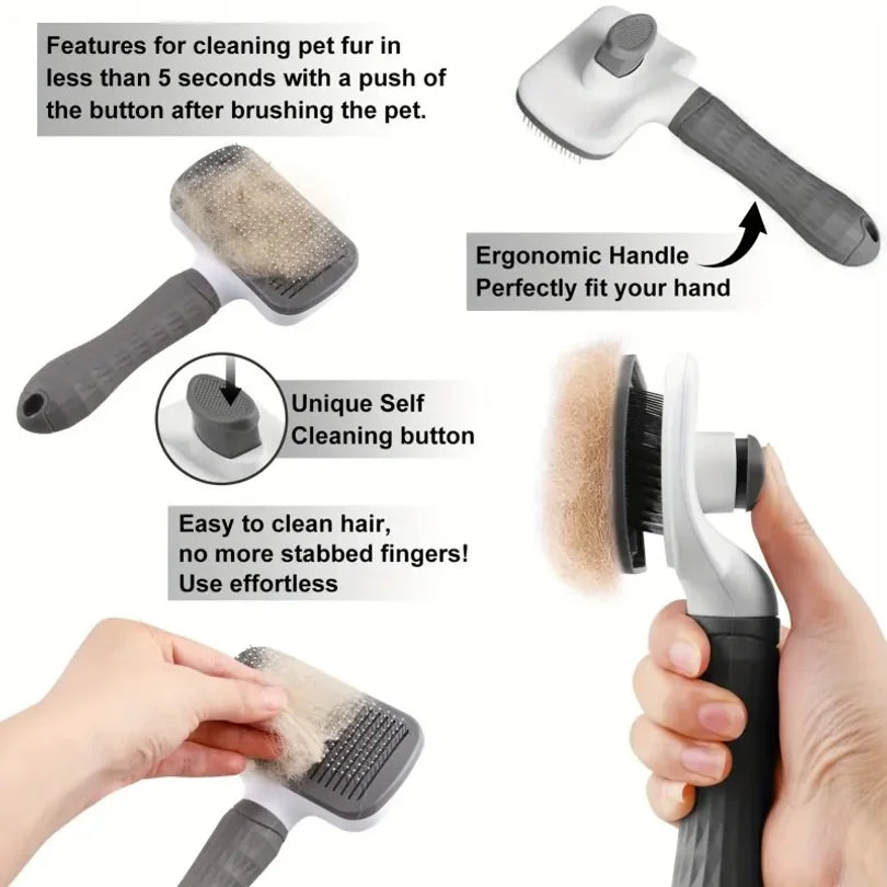 Self-Cleaning Pet Grooming Brush — One-Click Hair Removal & Bent Needle Massage Comb for Dogs & Cats