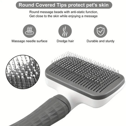 Self-Cleaning Pet Grooming Brush — One-Click Hair Removal & Bent Needle Massage Comb for Dogs & Cats
