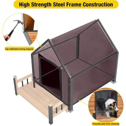 Dog House Outdoor, Insulated Kennel Outside for Large Breed, Weatherproof Shelter with Anti-Chewing Iron Frame