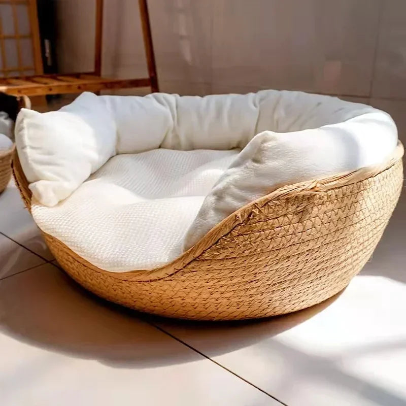 Bamboo Weave Pet Bed — Waterproof Sofa-Style Dog & Cat Bed with Removable Cushion