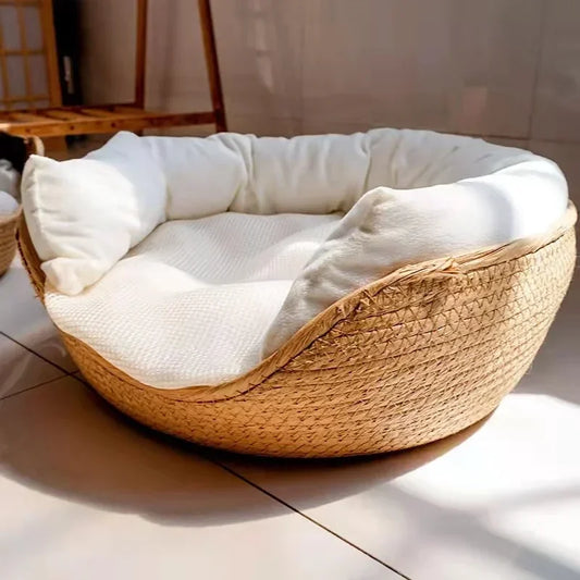 Bamboo Weave Pet Bed — Waterproof Sofa-Style Dog & Cat Bed with Removable Cushion