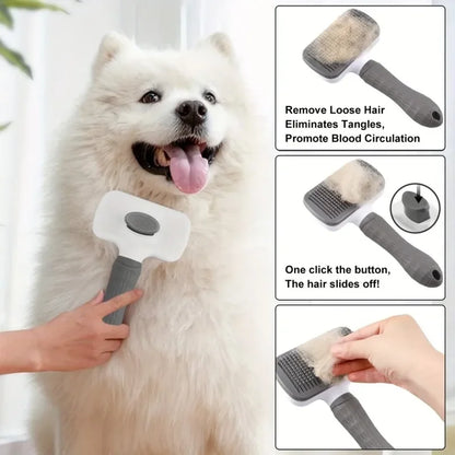 Self-Cleaning Pet Grooming Brush — One-Click Hair Removal & Bent Needle Massage Comb for Dogs & Cats