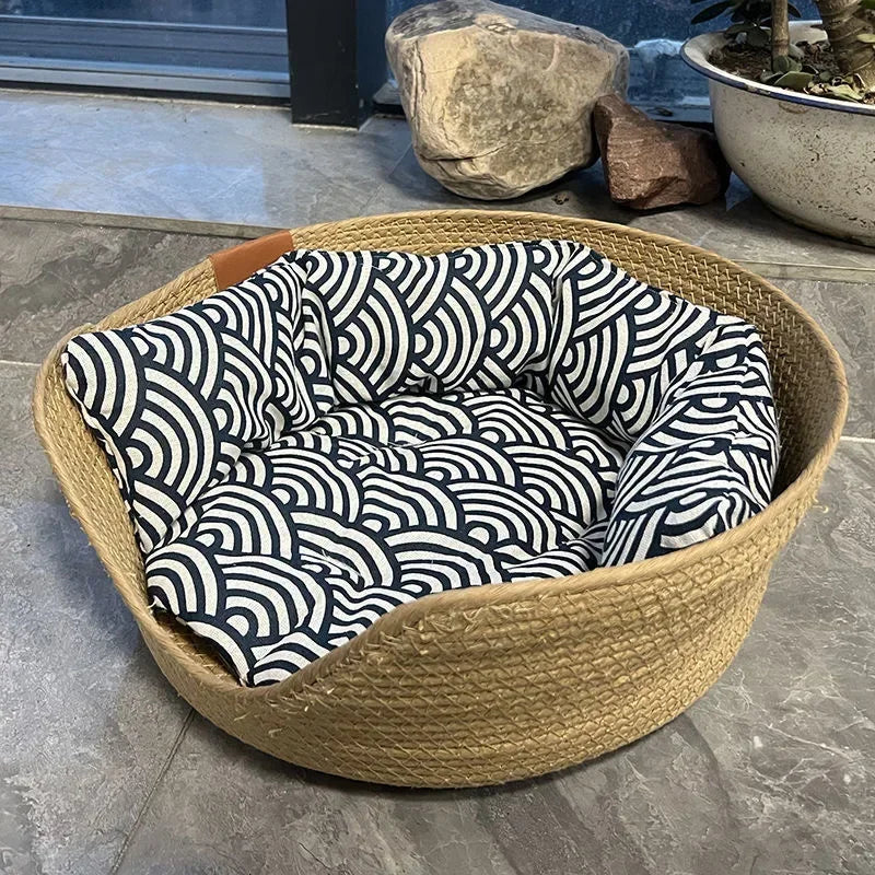 Bamboo Weave Pet Bed — Waterproof Sofa-Style Dog & Cat Bed with Removable Cushion