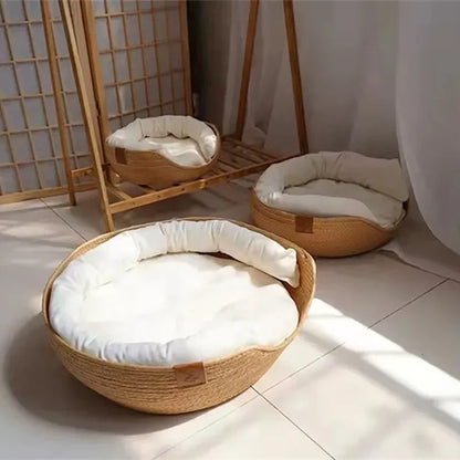 Bamboo Weave Pet Bed — Waterproof Sofa-Style Dog & Cat Bed with Removable Cushion