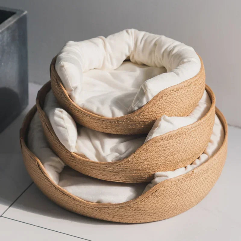 Bamboo Weave Pet Bed — Waterproof Sofa-Style Dog & Cat Bed with Removable Cushion