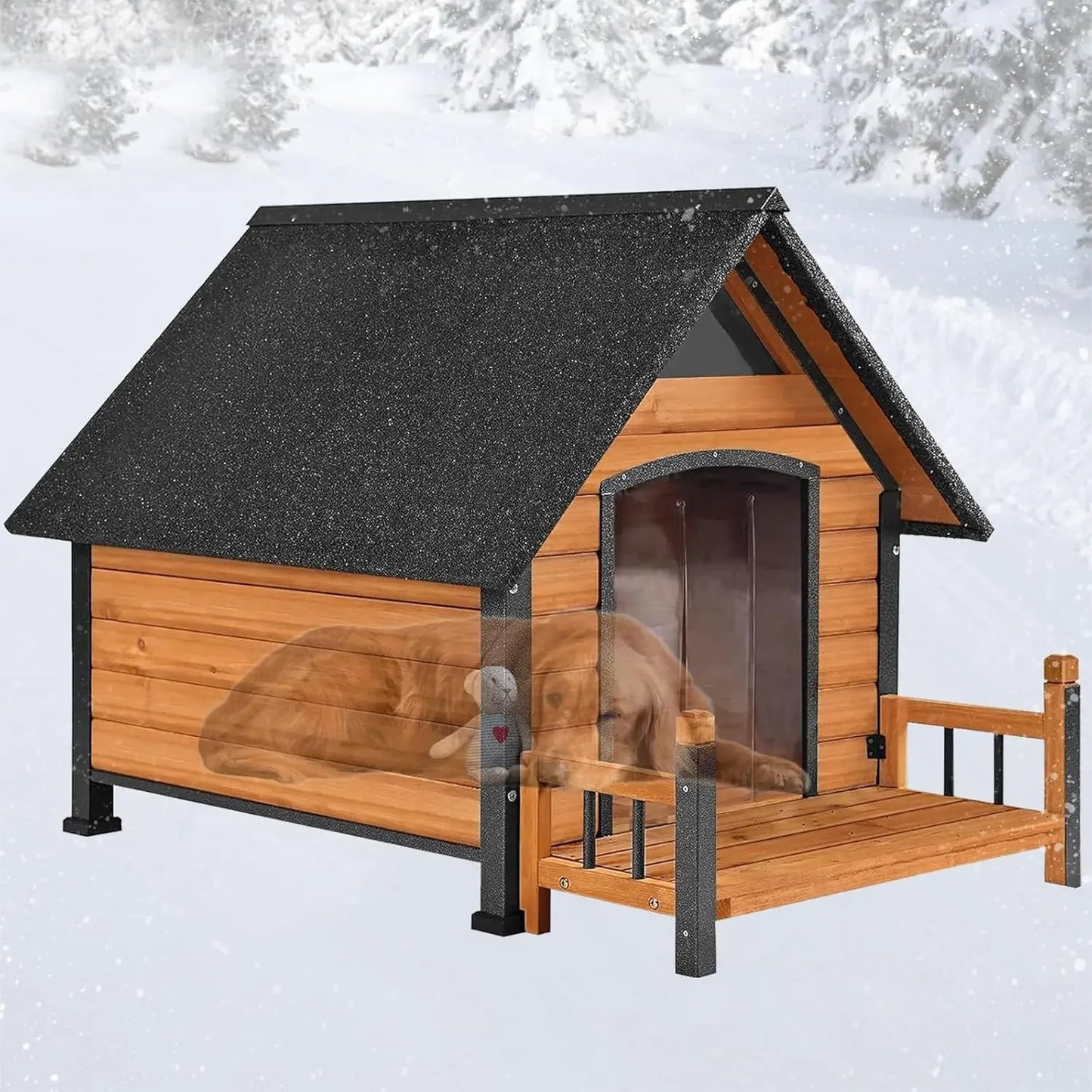 Dog House Outdoor, Insulated Kennel Outside for Large Breed, Weatherproof Shelter with Anti-Chewing Iron Frame