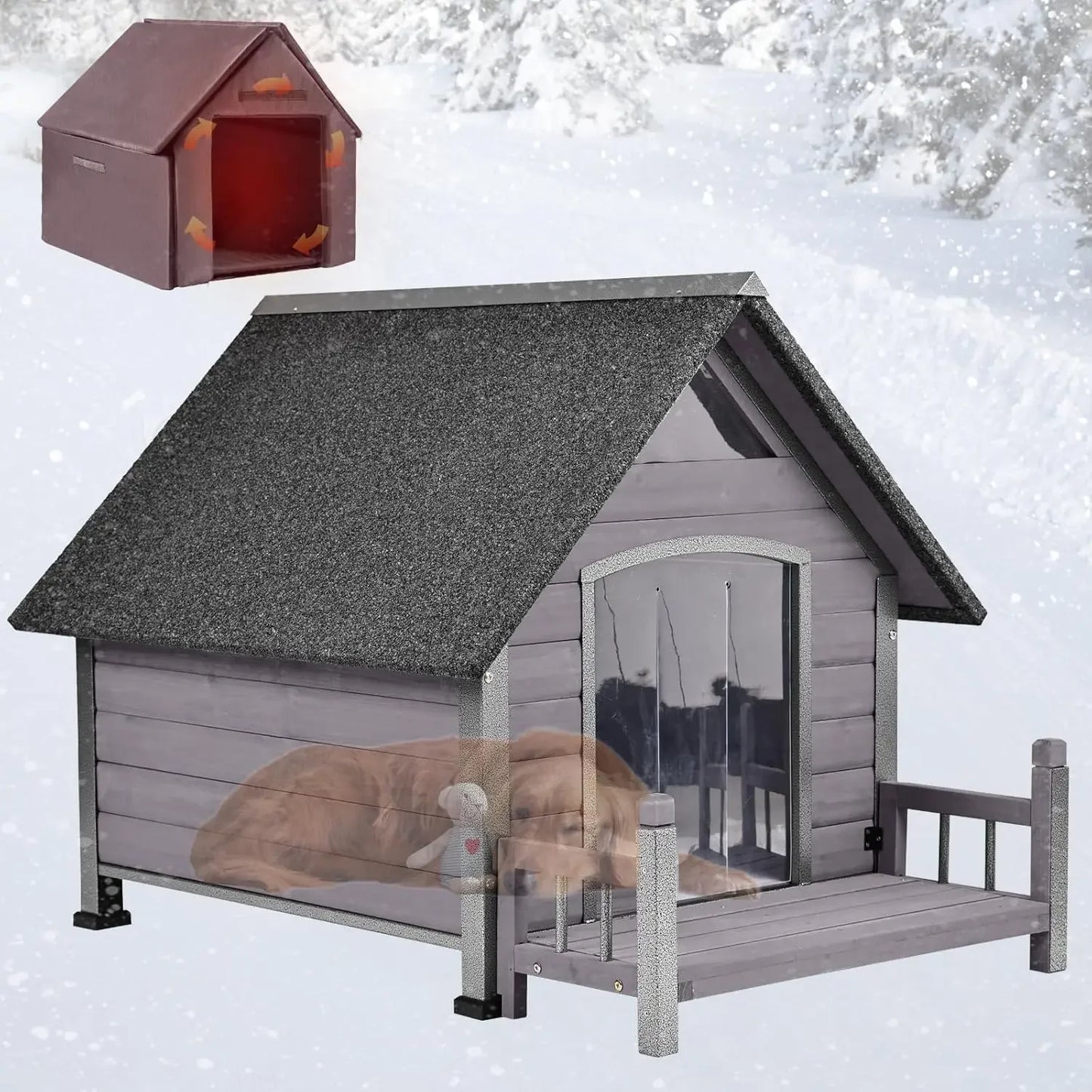 Dog House Outdoor, Insulated Kennel Outside for Large Breed, Weatherproof Shelter with Anti-Chewing Iron Frame